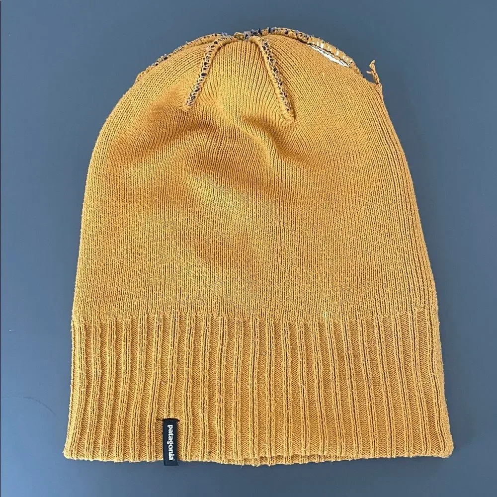 Patagonia Powder Town Beanie Blue Mustard Pom-Pom Unisex OS Outdoor Hiking Ski